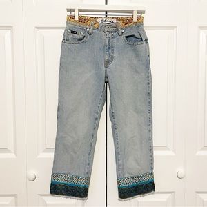 Vintage Y2K Express Bleus Cropped Bootcut Printed Satin Trim Embellished Jeans